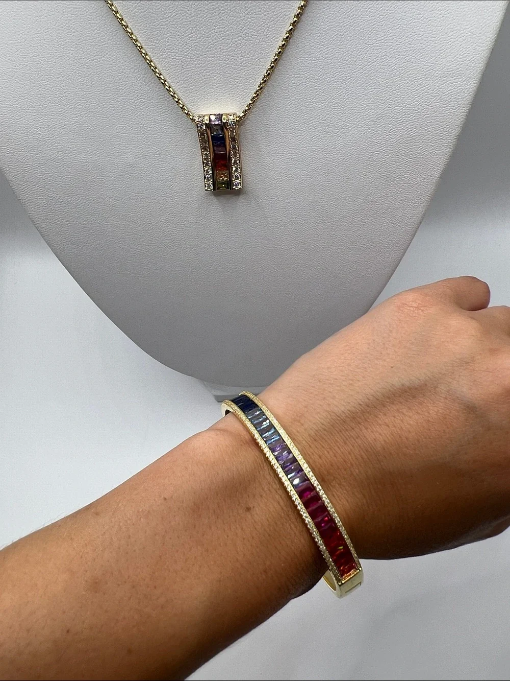 509. 18k Gold Plated Rainbow Bar Pendant Necklace with Matching Bangle